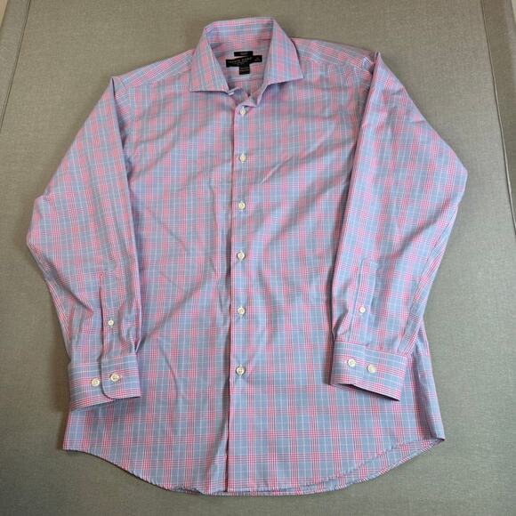 Pronto Uomo Slim Fit Non-Iron Pink Blue Plaid Dress Shirt 16 32/33 - Picture 12 of 12